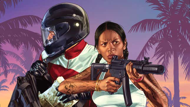 A woman with a gun in front of palm trees and a person with a motorcycle helmet. 